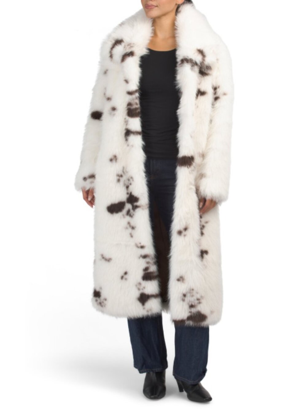 NVLT White With Brown Spots Faux Fur Coat With Oversized Collar